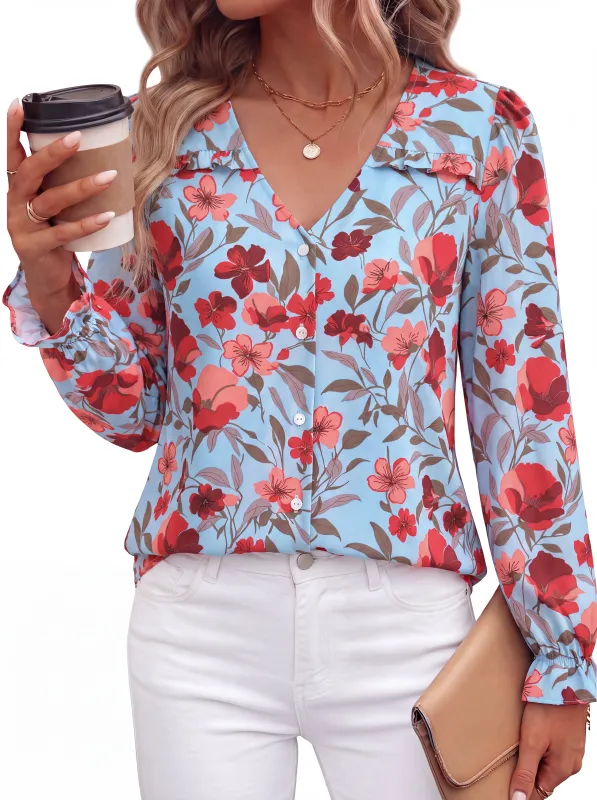 PRETTYGARDEN Women's Long Sleeve V Neck Blouses Casual Boho Tops Ruffle Cuffs, Button Down Shirts, Lightweight Flowy Tops, Chiffon Work Blouses, Business Casual Vacation Outfits 2026 made by PrettyGarden