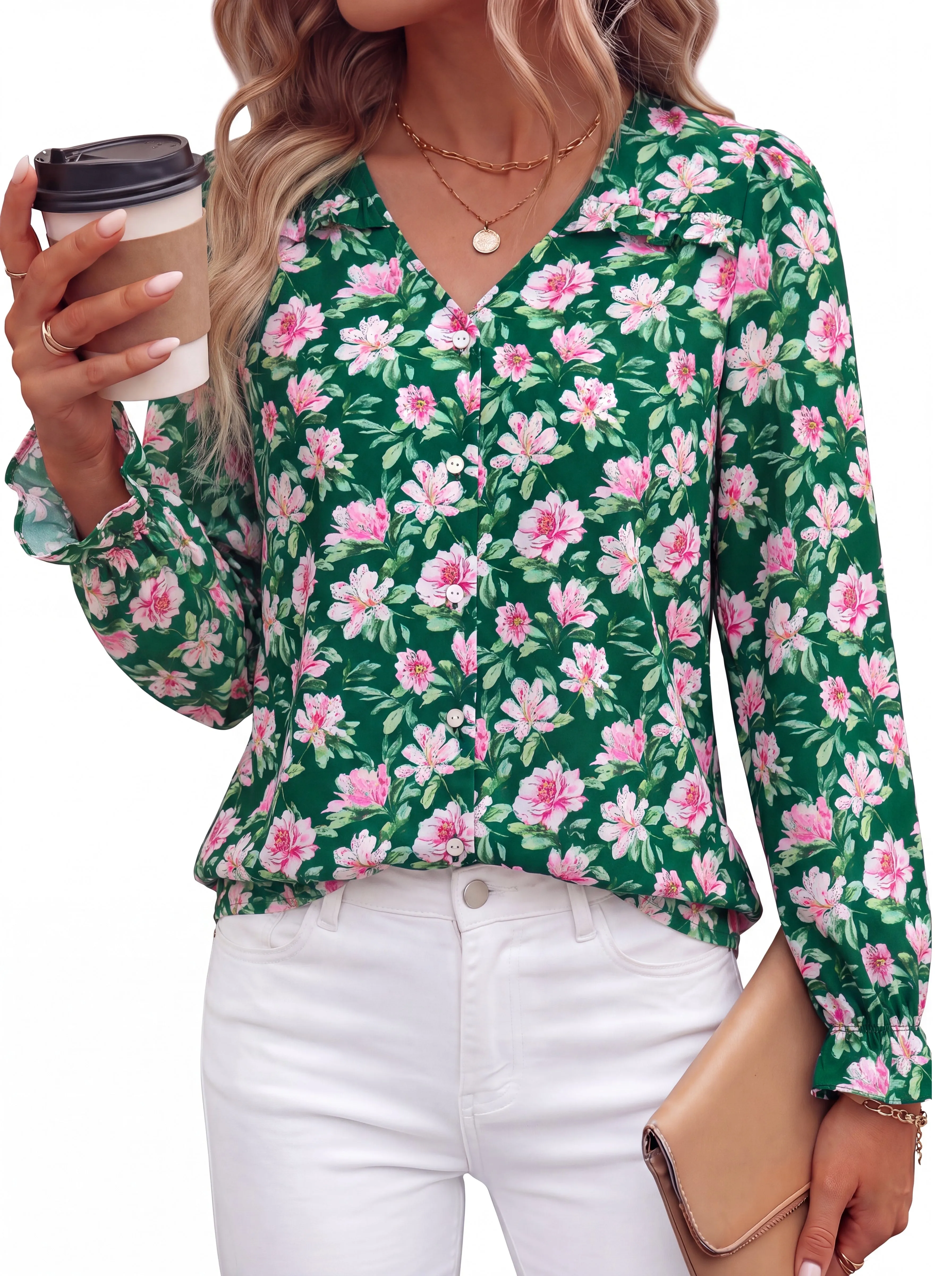 PRETTYGARDEN Women's Long Sleeve V Neck Blouses Casual Boho Tops Ruffle Cuffs, Button Down Shirts, Lightweight Flowy Tops, Chiffon Work Blouses, Business Casual Vacation Outfits 2026 sold by PrettyGarden product image thumbnail 3