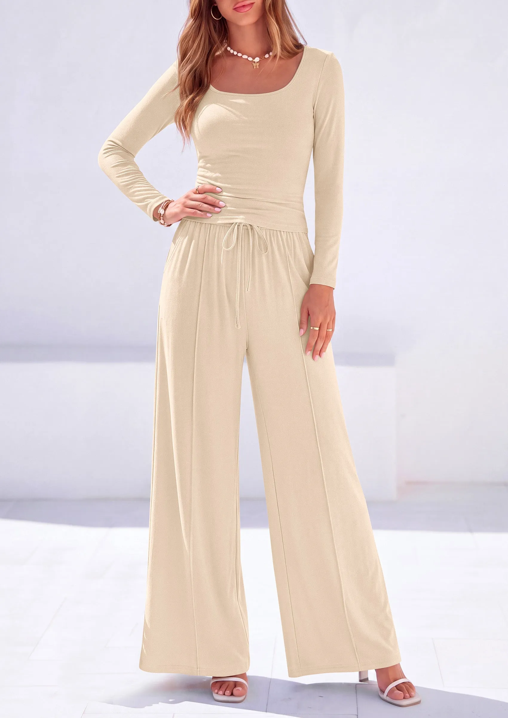 PRETTYGARDEN 2 Piece Sets for Women Fall Lounge Matching Set Soft Fitted Square Neck Long Sleeve Crop Top, Casual Wide Leg Pants, Work, Home, Workout, Travel, Airport, Comfy Fall Clothes sold by PrettyGarden product image thumbnail 5
