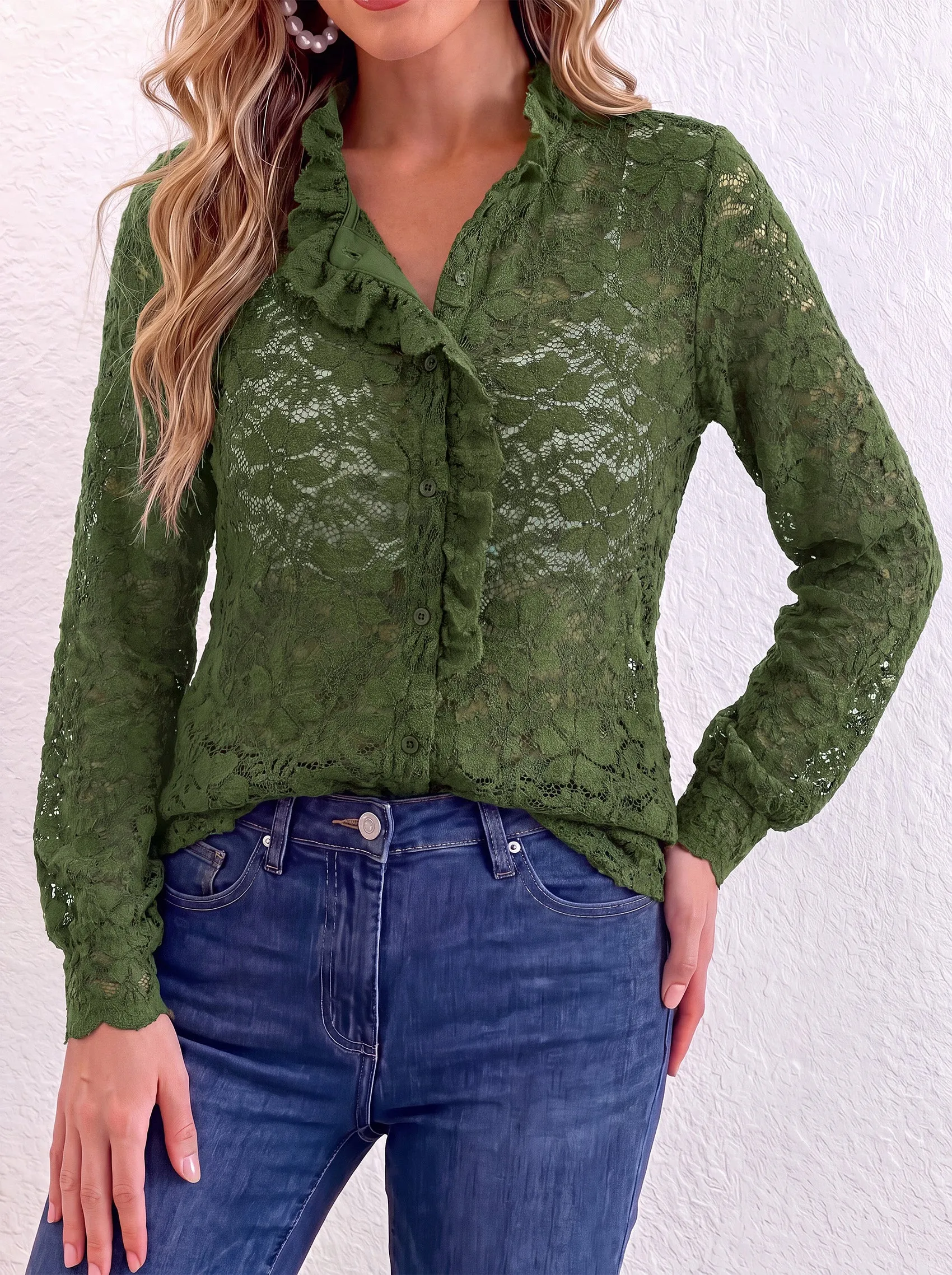 PRETTYGARDEN Women Lace Tops Button Down Long Sleeve Shirts | Sheer Lace Button Shirts, Elegant Ruffle Collar Blouses, Eyelet Tops Dressy Casual, Date Night Outfit, Fall Fashion Clothing sold by PrettyGarden product image thumbnail 3