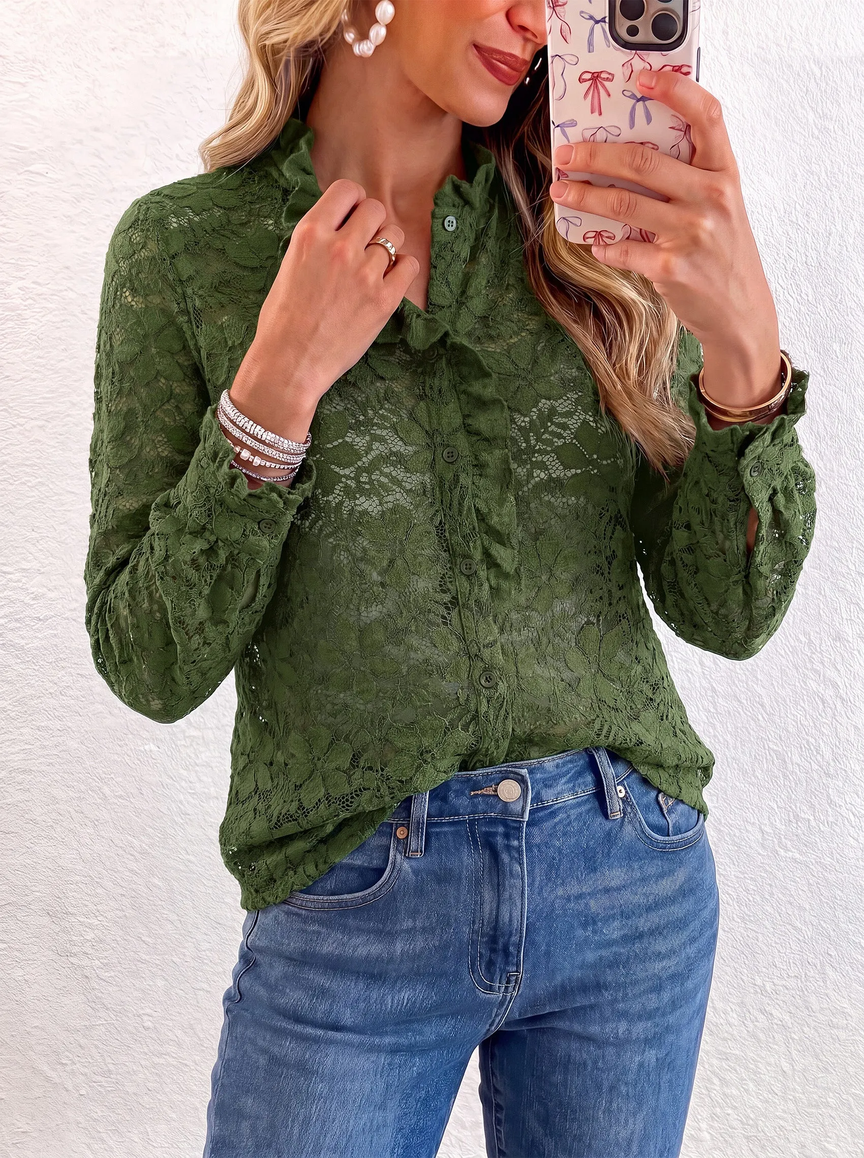 PRETTYGARDEN Women Lace Tops Button Down Long Sleeve Shirts | Sheer Lace Button Shirts, Elegant Ruffle Collar Blouses, Eyelet Tops Dressy Casual, Date Night Outfit, Fall Fashion Clothing sold by PrettyGarden product image thumbnail 4