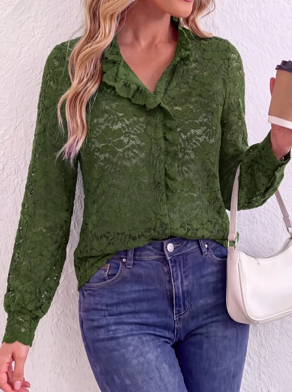 PRETTYGARDEN Women Lace Tops Button Down Long Sleeve Shirts | Sheer Lace Button Shirts, Elegant Ruffle Collar Blouses, Eyelet Tops Dressy Casual, Date Night Outfit, Fall Fashion Clothing made by PrettyGarden