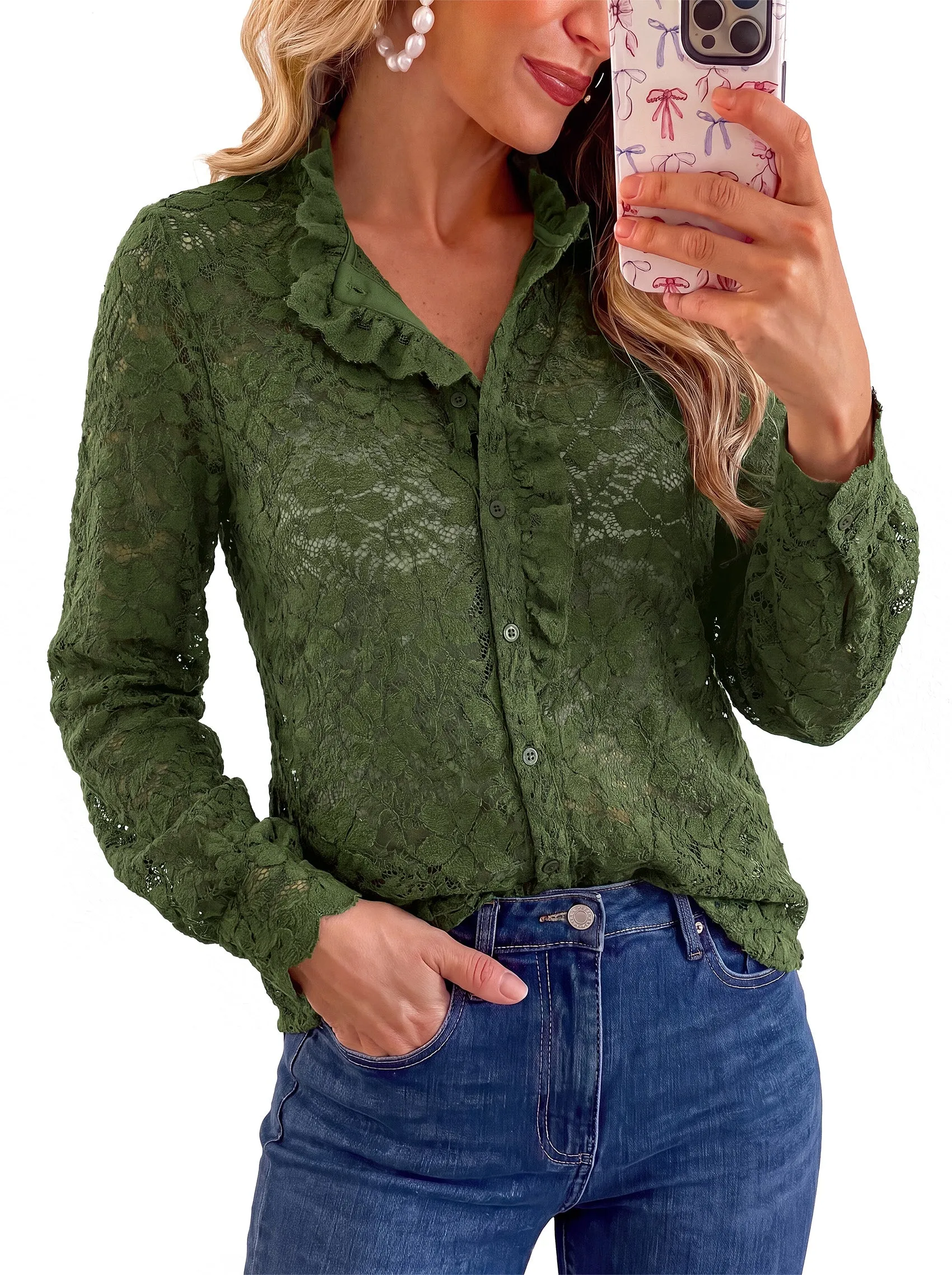 PRETTYGARDEN Women Lace Tops Button Down Long Sleeve Shirts | Sheer Lace Button Shirts, Elegant Ruffle Collar Blouses, Eyelet Tops Dressy Casual, Date Night Outfit, Fall Fashion Clothing sold by PrettyGarden product image thumbnail 5
