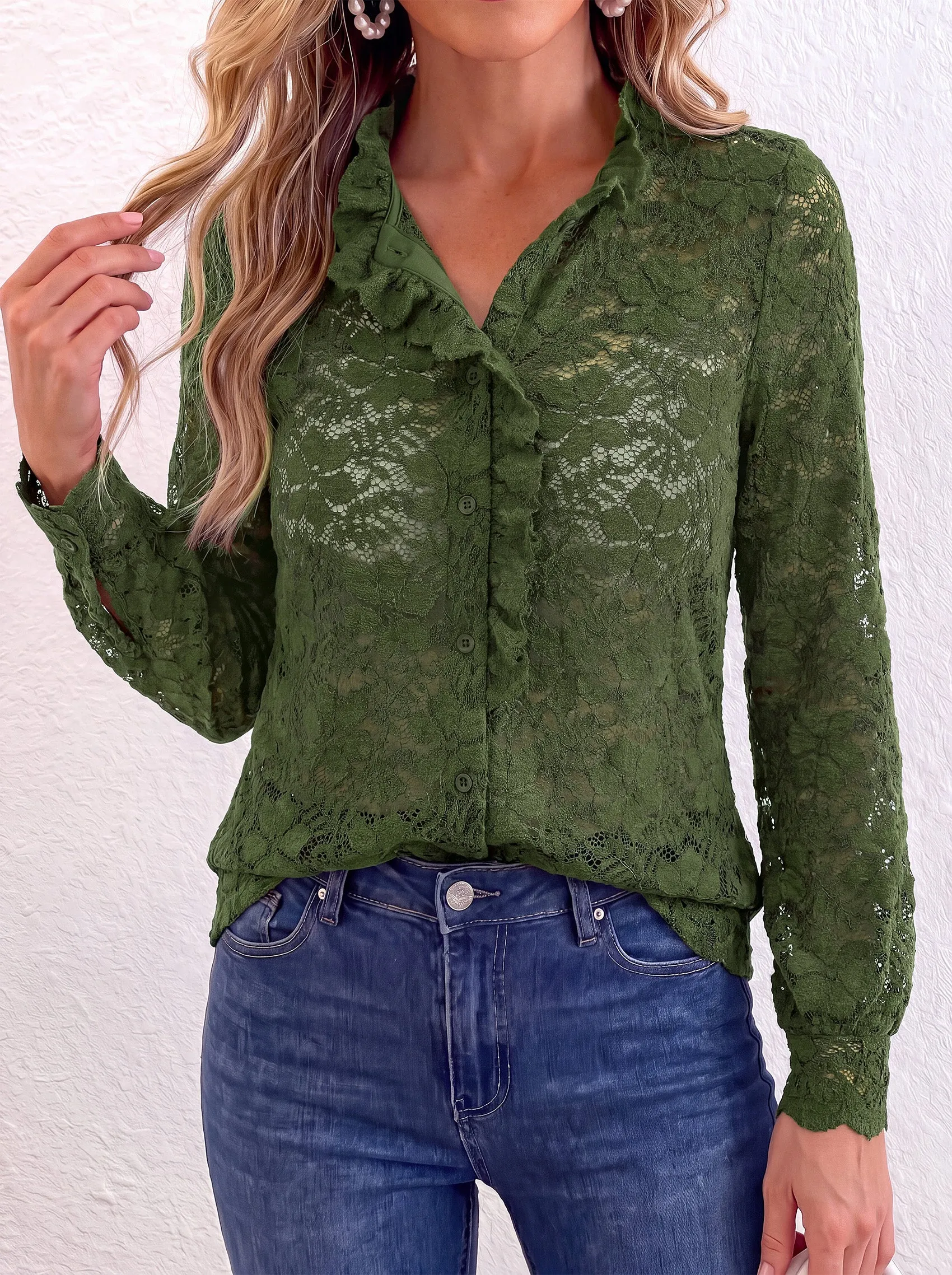 PRETTYGARDEN Women Lace Tops Button Down Long Sleeve Shirts | Sheer Lace Button Shirts, Elegant Ruffle Collar Blouses, Eyelet Tops Dressy Casual, Date Night Outfit, Fall Fashion Clothing sold by PrettyGarden product image thumbnail 2