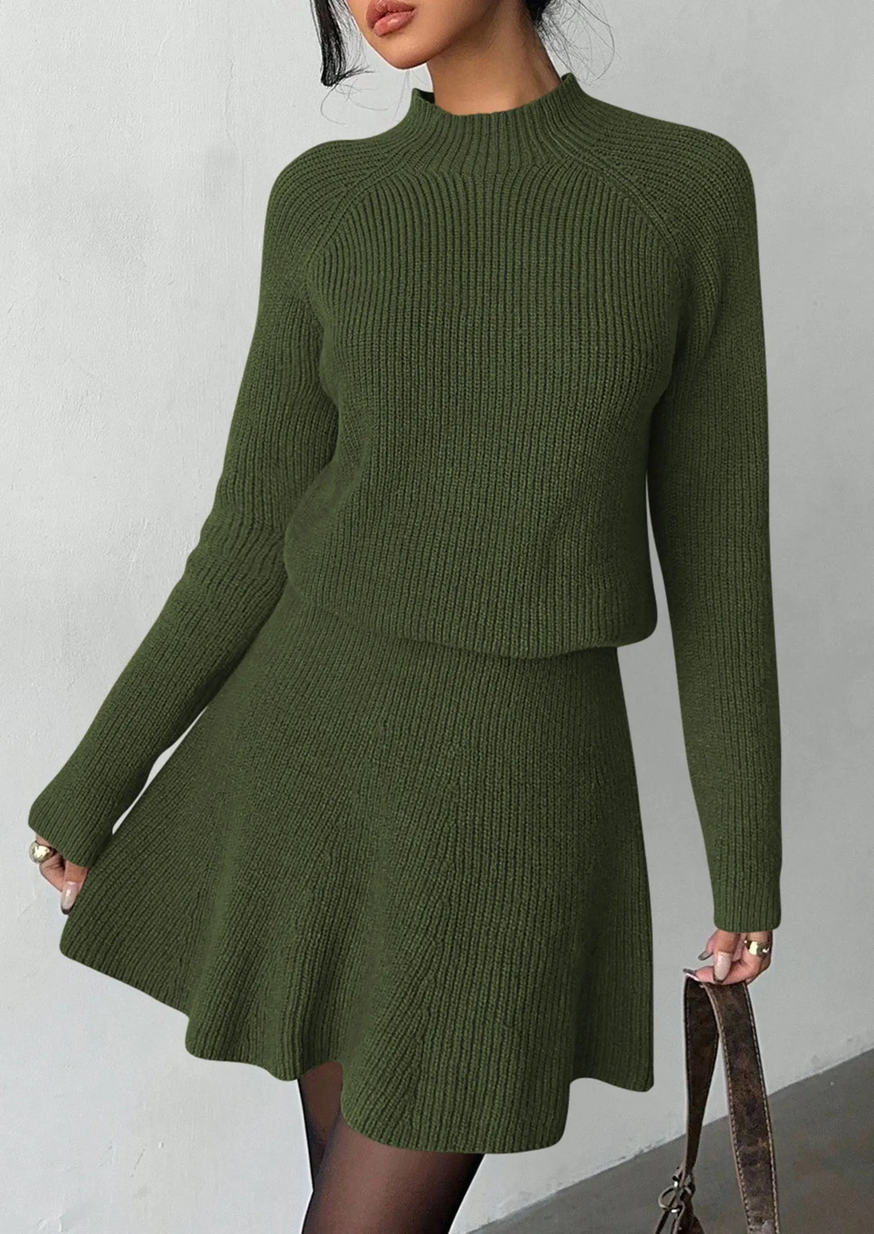 PRETTYGARDEN Women's Fall 2 Piece Outfits Matching Sweater Skirt Sets Cozy Ribbed Knit, Raglan Long Sleeve, Crewneck Pullover, Elastic Waist A Line, Mini Short Skirts, Holiday Winter Clothing sold by PrettyGarden product image thumbnail 5