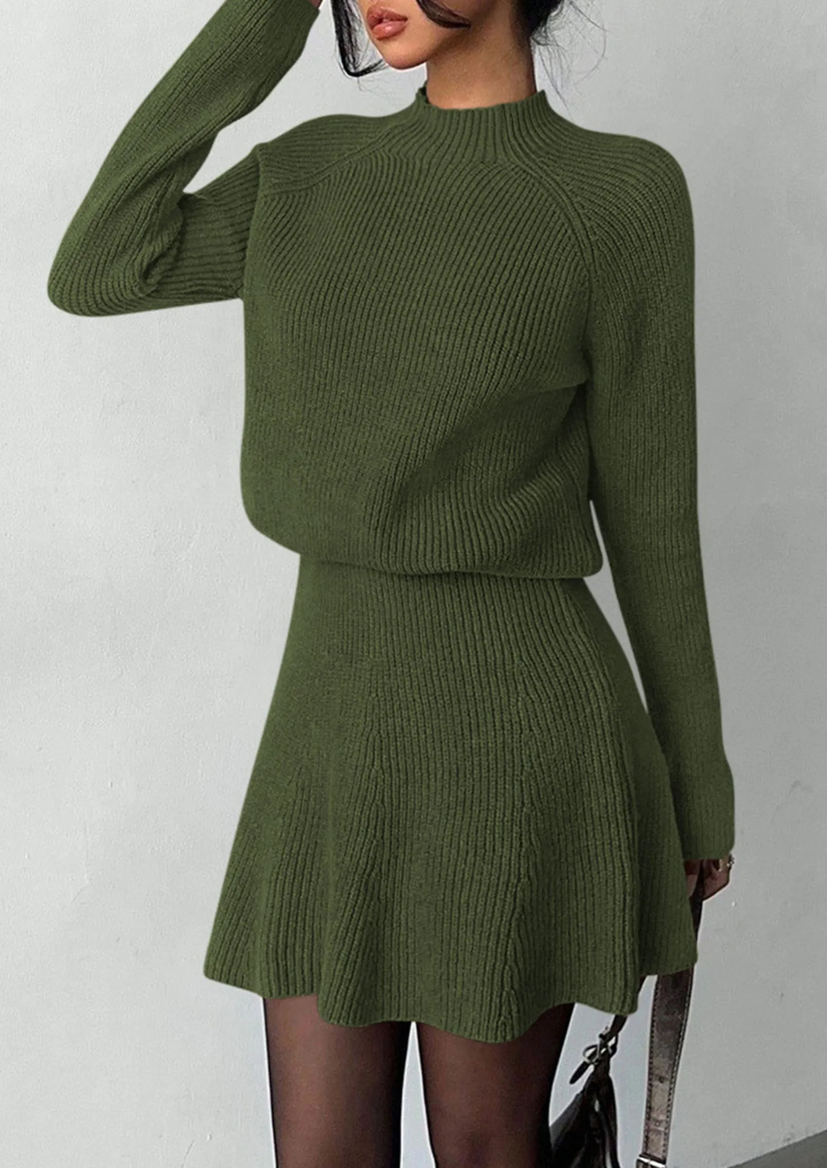 PRETTYGARDEN Women's Fall 2 Piece Outfits Matching Sweater Skirt Sets Cozy Ribbed Knit, Raglan Long Sleeve, Crewneck Pullover, Elastic Waist A Line, Mini Short Skirts, Holiday Winter Clothing sold by PrettyGarden product image thumbnail 3