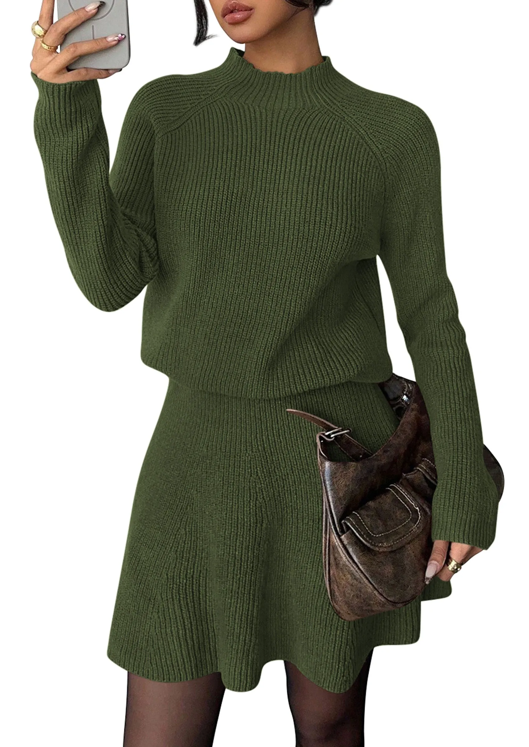 PRETTYGARDEN Women's Fall 2 Piece Outfits Matching Sweater Skirt Sets Cozy Ribbed Knit, Raglan Long Sleeve, Crewneck Pullover, Elastic Waist A Line, Mini Short Skirts, Holiday Winter Clothing sold by PrettyGarden