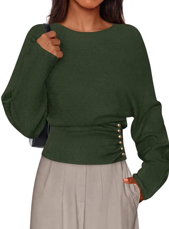 PRETTYGARDEN Batwing Sleeve Sweaters For Women Pullover Fall Clothes Cozy Ribbed Knit, Single Side Button, Cinched Waist, Business Casual Work Outfits , 2026 Trendy Fall Winter Fashion Clothing made by PrettyGarden