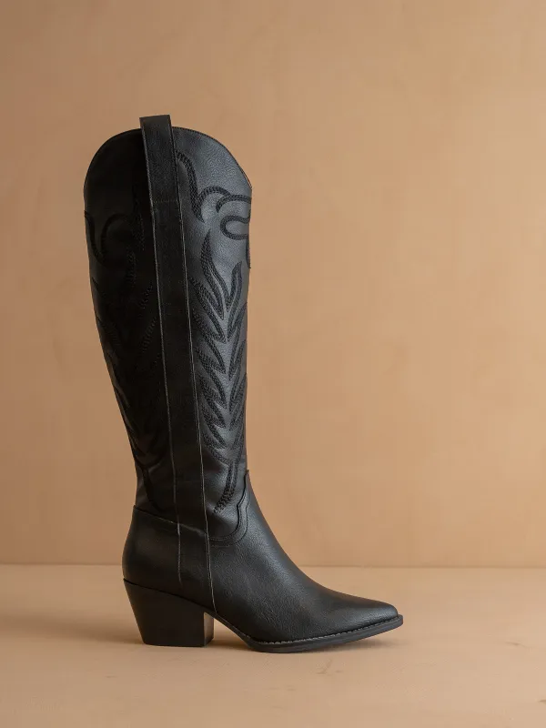 The Samara | Black Embroidered Tall Cowboy Boot made by Oasis Society