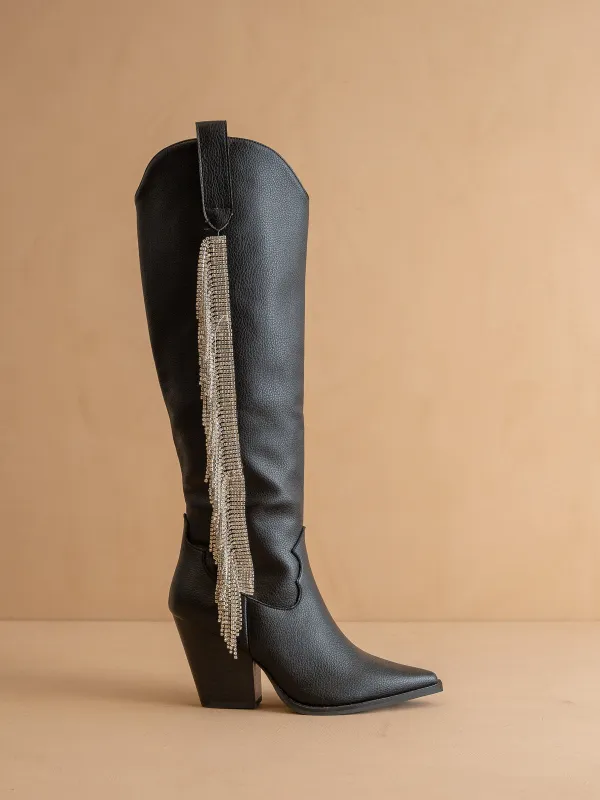 The Glasgow | Black Knee high boot with rhinestone fringe *final sale* sold by Oasis Society