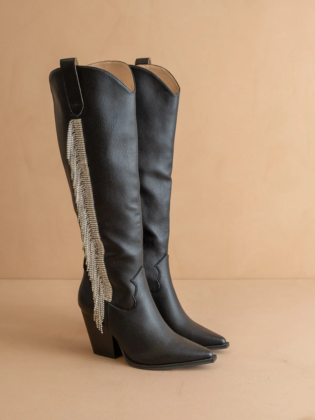 The Glasgow | Black Knee high boot with rhinestone fringe *final sale* sold by Oasis Society product image thumbnail 2