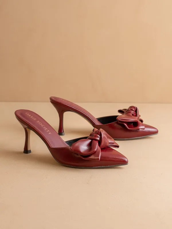 The Jane | Burgundy Wine Pointed Toe Bow Accent Kitten Heel sold by Oasis Society