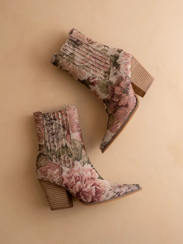 The Lydia | Mauve Tapestry Bootie sold by Oasis Society