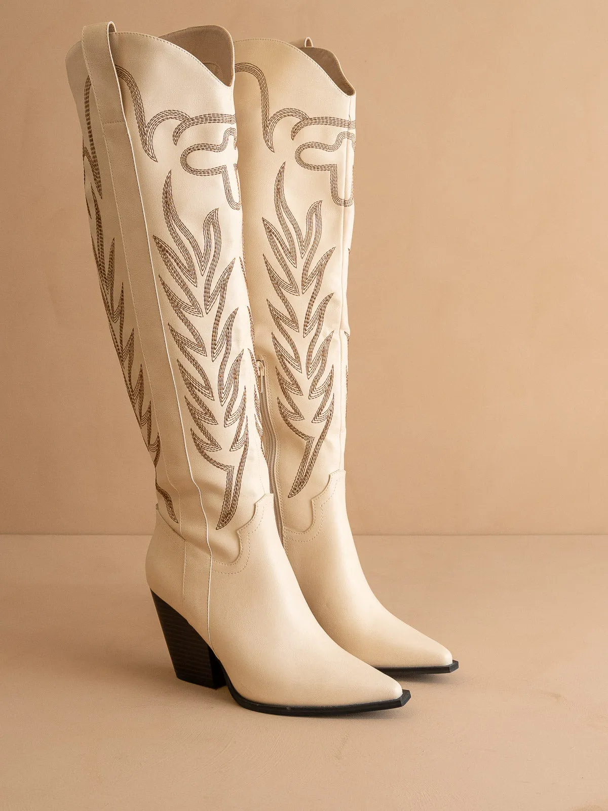 The Bronco | Off White Knee High Embroidered Cowboy Boot sold by Oasis Society product image thumbnail 2