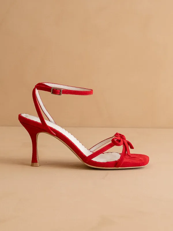 The Sylvie | Red Velvet Thin Bow Heel sold by Oasis Society