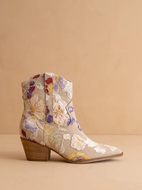 The Wanda | Taupe Floral Appliqué Cowgirl Boot sold by Oasis Society