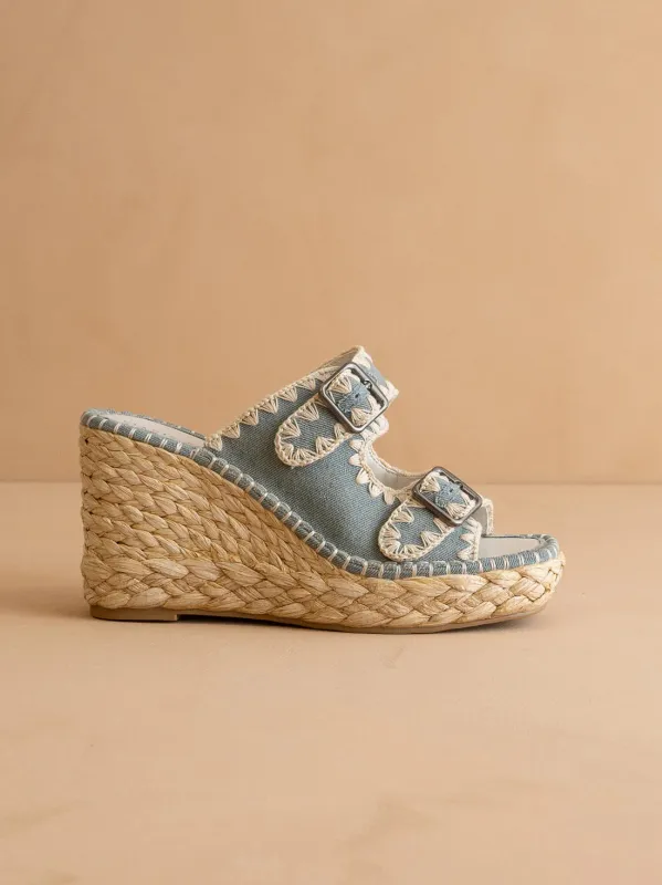 The Rae | Slate Blue Embroidered Espadrille Wedges With Double Buckle Straps *FINAL SALE* sold by Oasis Society