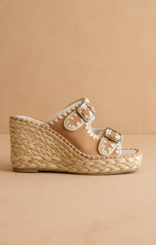 The Rae | Camel Embroidered Espadrille Wedges With Double Buckle Straps *FINAL SALE* sold by Oasis Society