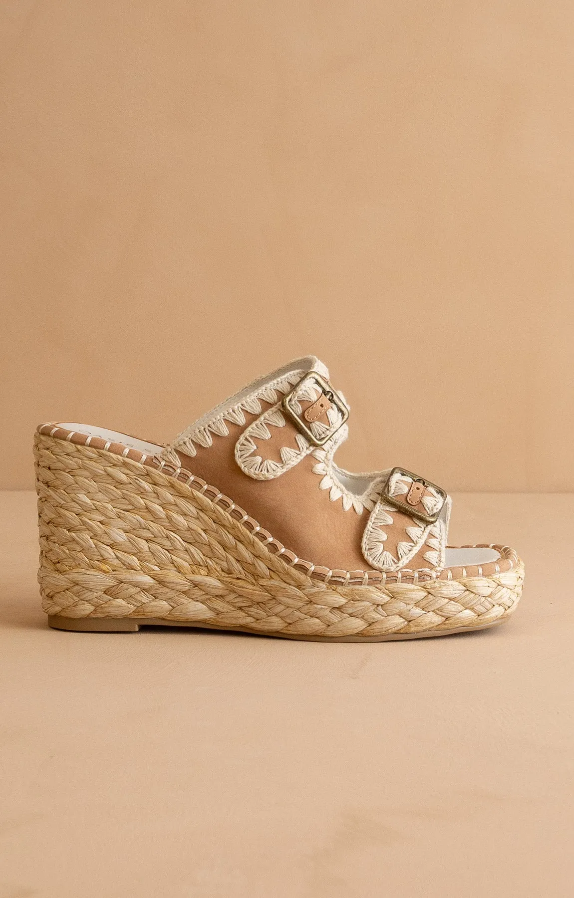 The Rae | Camel Embroidered Espadrille Wedges With Double Buckle Straps *FINAL SALE* sold by Oasis Society