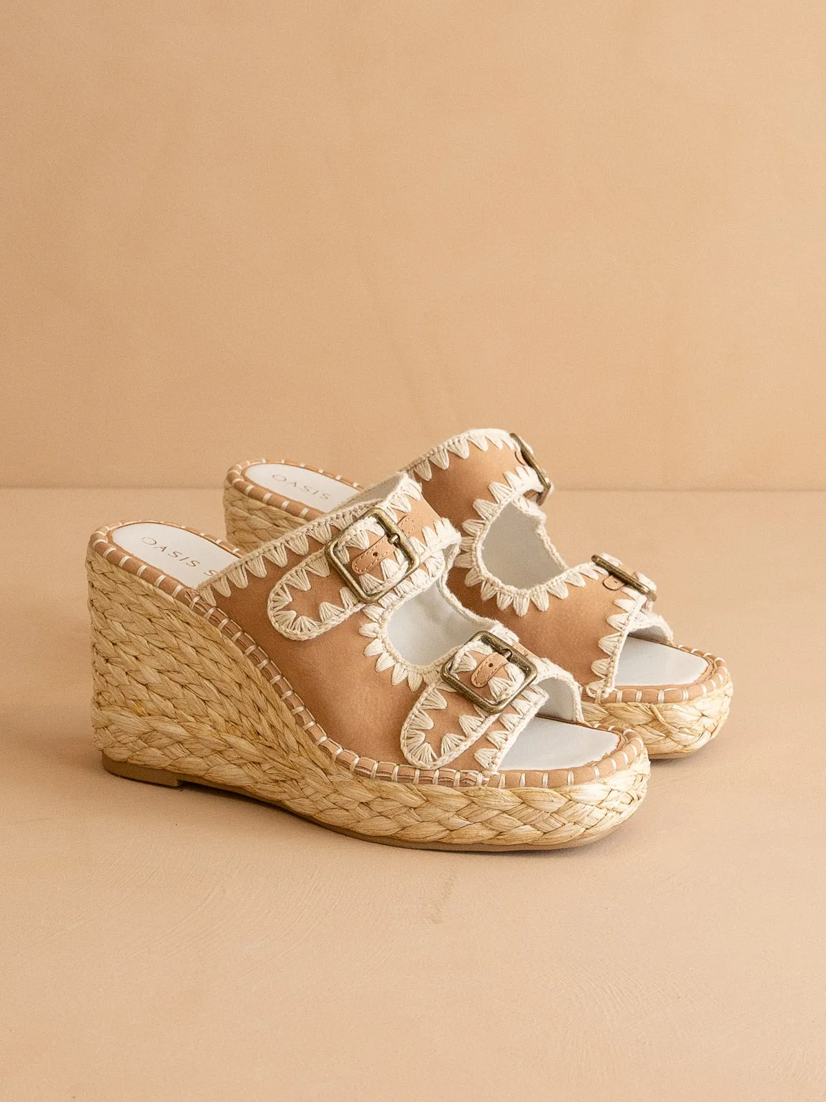 The Rae | Camel Embroidered Espadrille Wedges With Double Buckle Straps *FINAL SALE* sold by Oasis Society product image thumbnail 2