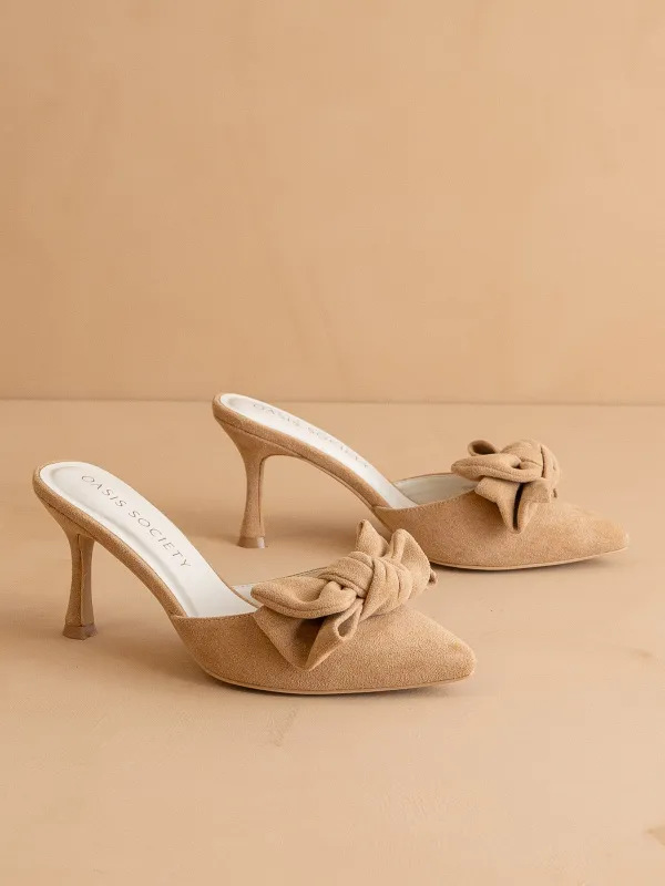 The Jane | Sand Pointed Toe Bow Accent Kitten Heel sold by Oasis Society