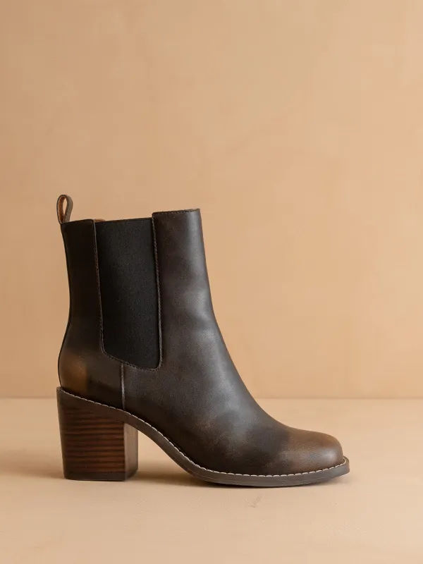 The Dakota | Brown Heeled Chelsea Bootie sold by Oasis Society