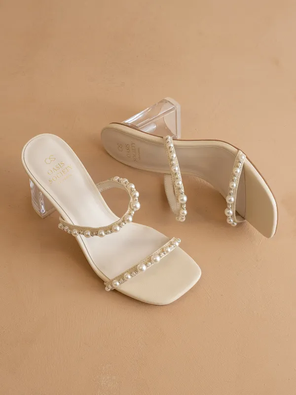 The Mae | Beige Wedding Pearl Detail Clear Block Heel sold by Oasis Society