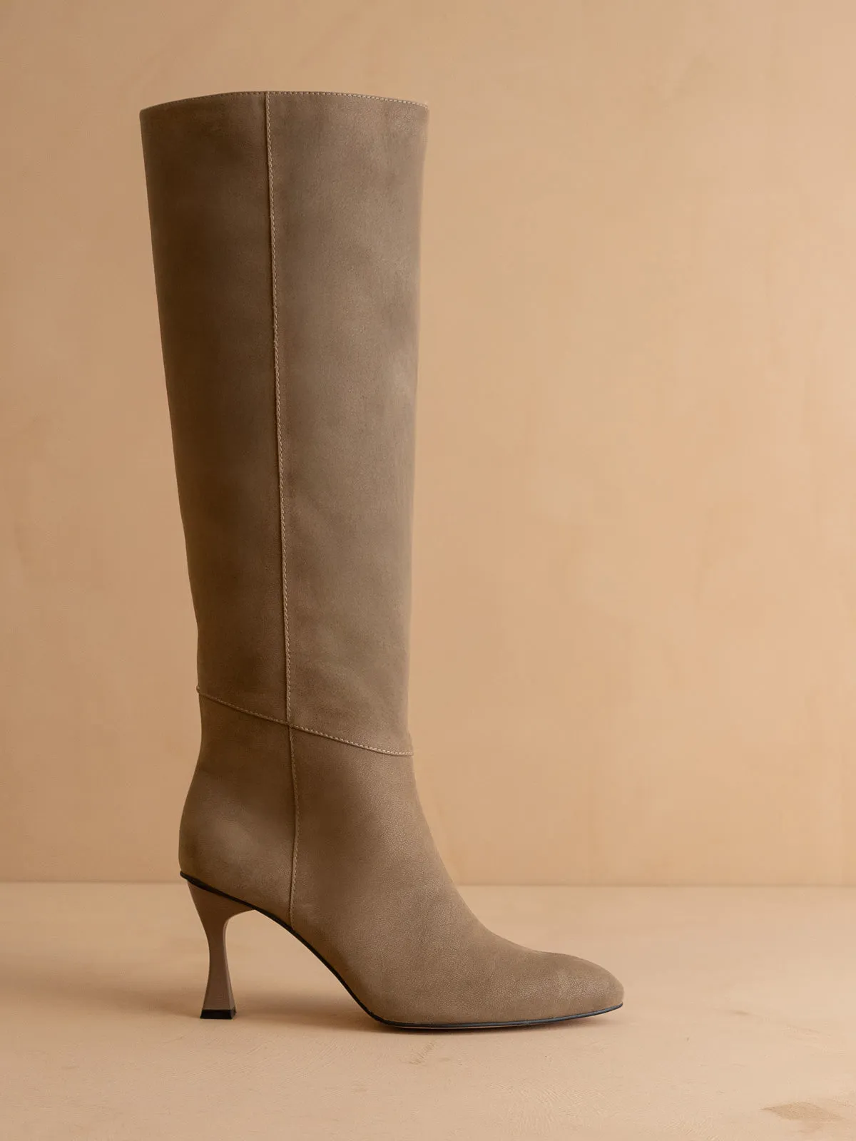 The Lexington | Dark Taupe Pointed Toe Knee High Boot sold by Oasis Society