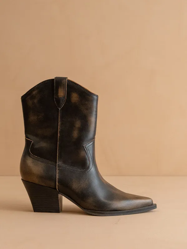 The Ames | Brown Short Cowgirl Booties sold by Oasis Society