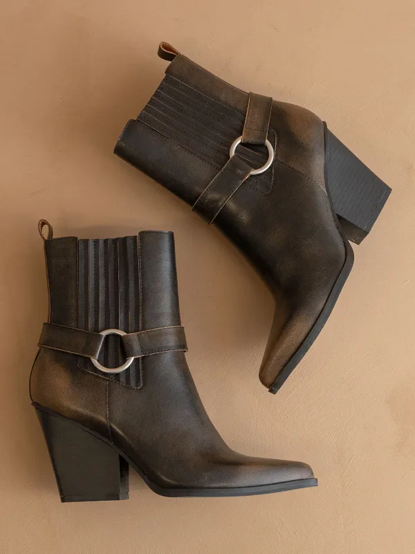 The Carson | Brown Distressed Leather Moto Bootie sold by Oasis Society