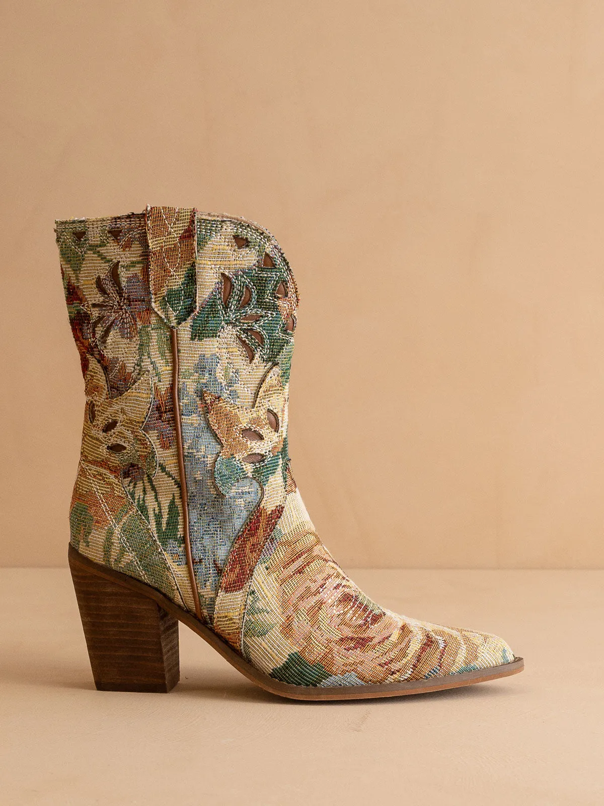 The Sorrel | Vintage Floral Tapestry Print Western Cowgirl Bootie sold by Oasis Society