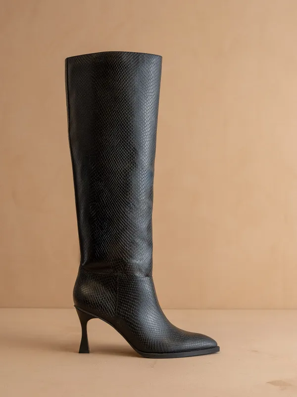The Vanessa | Black Reptile Print Knee High Boot *final sale* made by Oasis Society