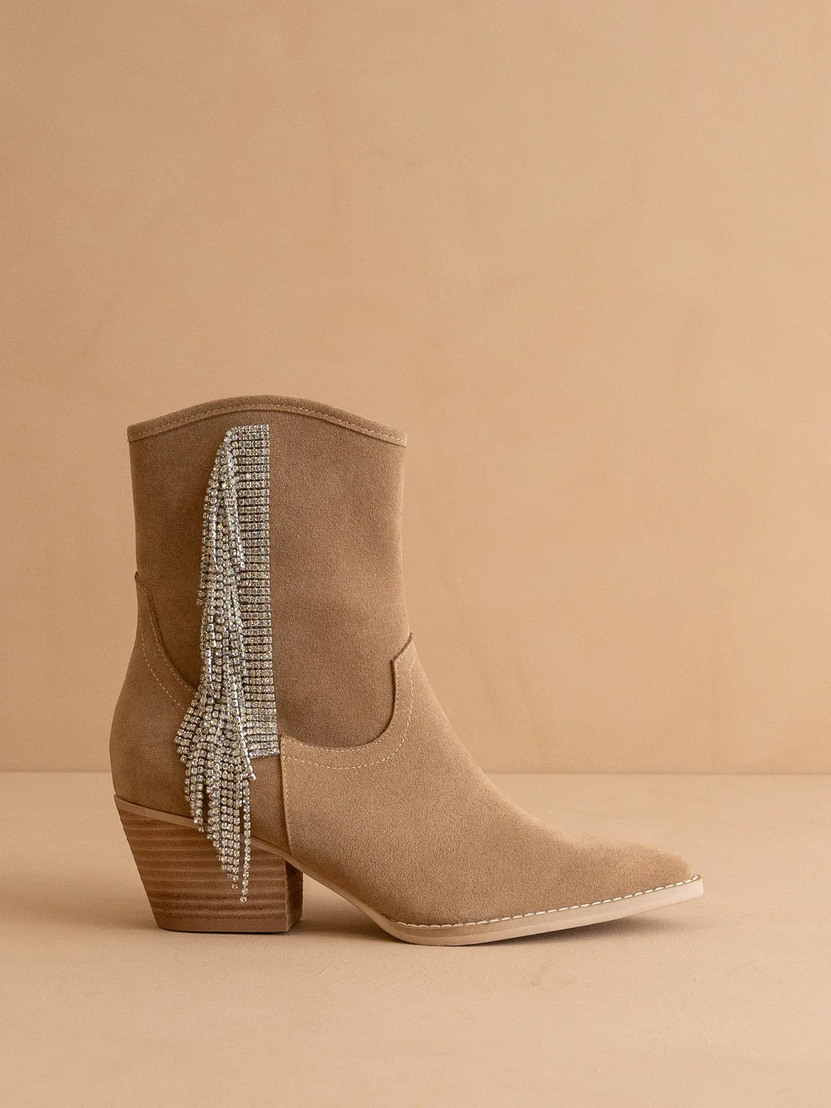 The Rowan | Khaki Rhinestone fringe Cowgirl boot *final sale* sold by Oasis Society