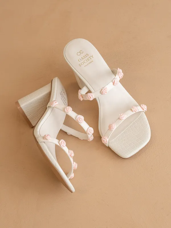 The Nia | White Rosette Adorned Block Heel *FINAL SALE* sold by Oasis Society
