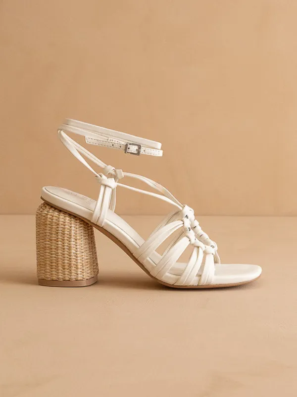 The Monza | White Strappy Raffia Basket Weave Block Heel sold by Oasis Society