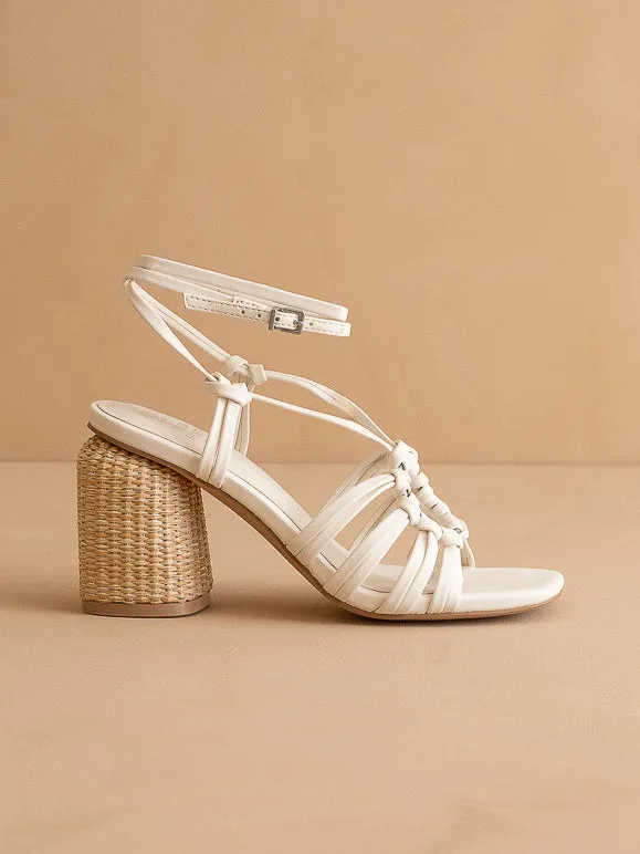 The Monza | White Strappy Raffia Basket Weave Block Heel sold by Oasis Society