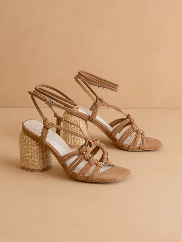 The Monza | Camel Strappy Raffia Basket Weave Block Heel  *FINAL SALE* sold by Oasis Society