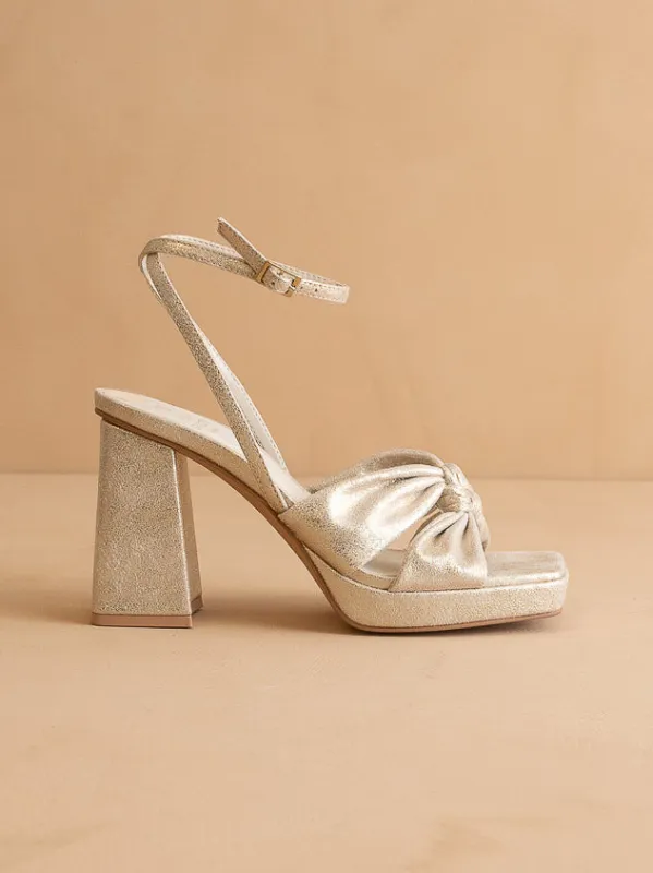 The Zoey | Light Gold knotted band platform  heel sold by Oasis Society