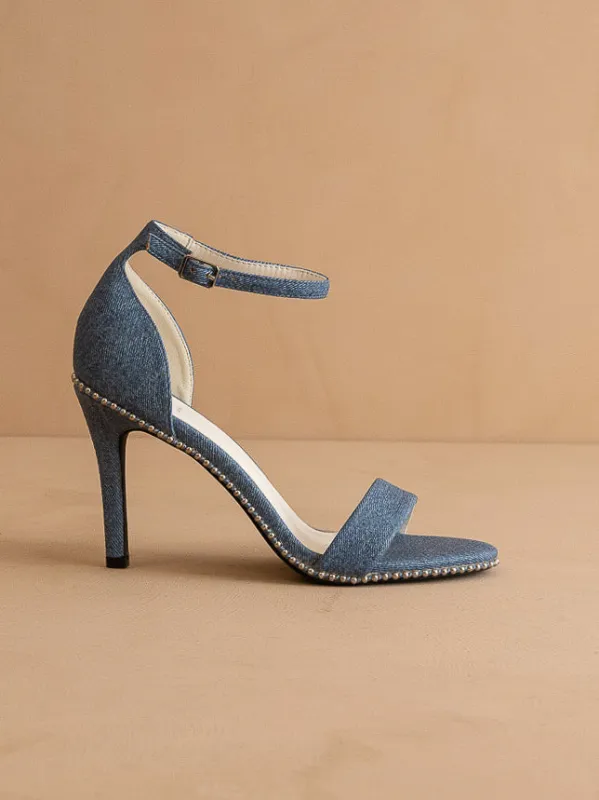 The Dublin | Denim Metal drop studded open toe heel *FINAL SALE* sold by Oasis Society