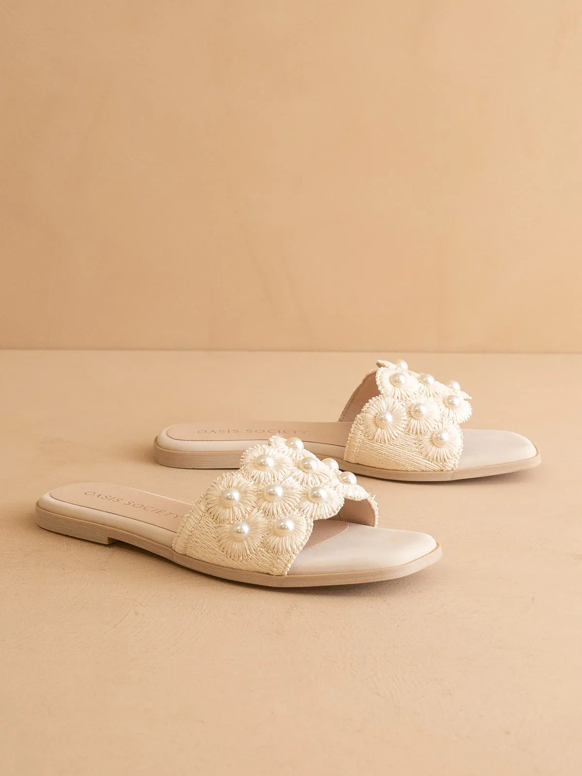 The Cathleen | Ivory White Pearl Raffia Wedding Slide Sandal sold by Oasis Society product image thumbnail 3