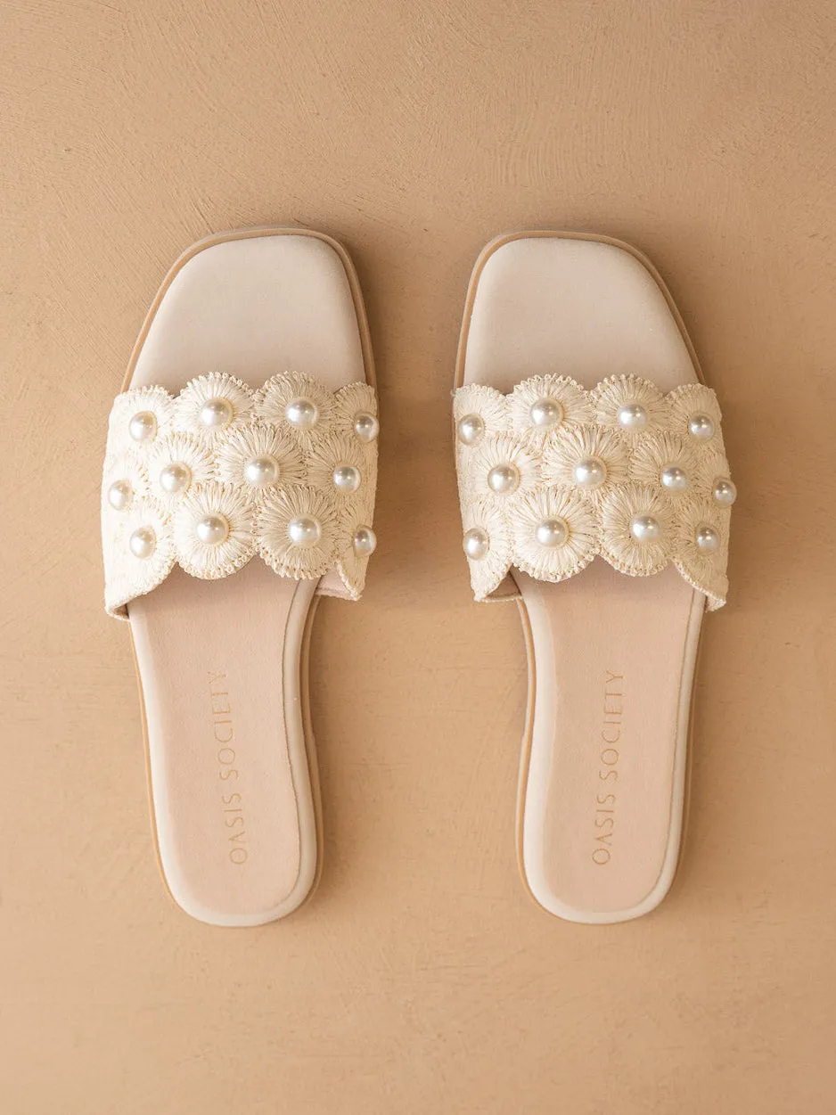 The Cathleen | Ivory White Pearl Raffia Wedding Slide Sandal sold by Oasis Society