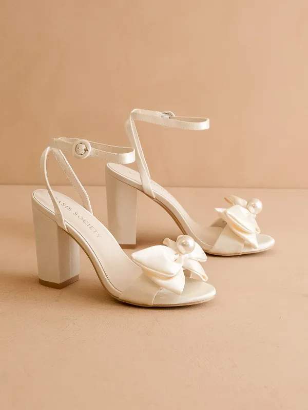 The Celine | Ivory Pearl Bow Bridal Block Heel made by Oasis Society