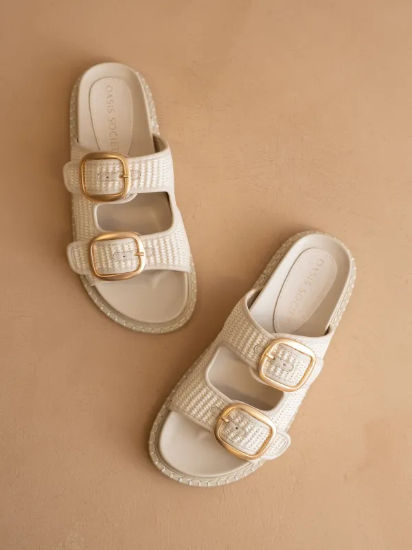 The Daytona | Ivory a Two-Tone Raffia Gold Buckle Sandal made by Oasis Society