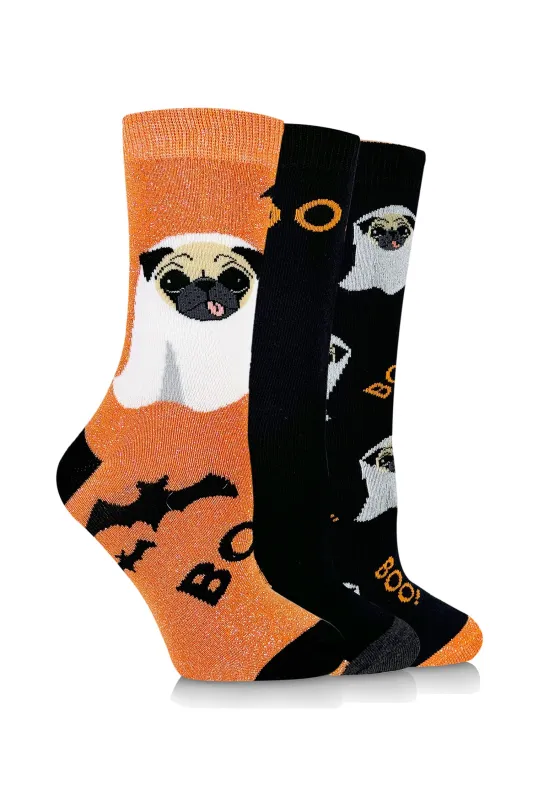 Women's Boo Pug Crew Sock - 3 Pair Pack sold by Sock Buy