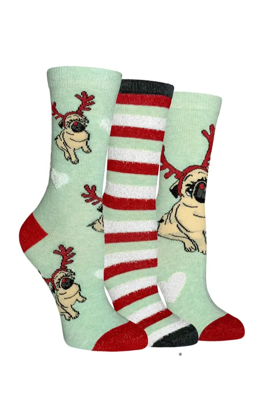 Women's Women's Reindeer Pug Crew Socks - 3 Pair Pack sold by Sock Buy