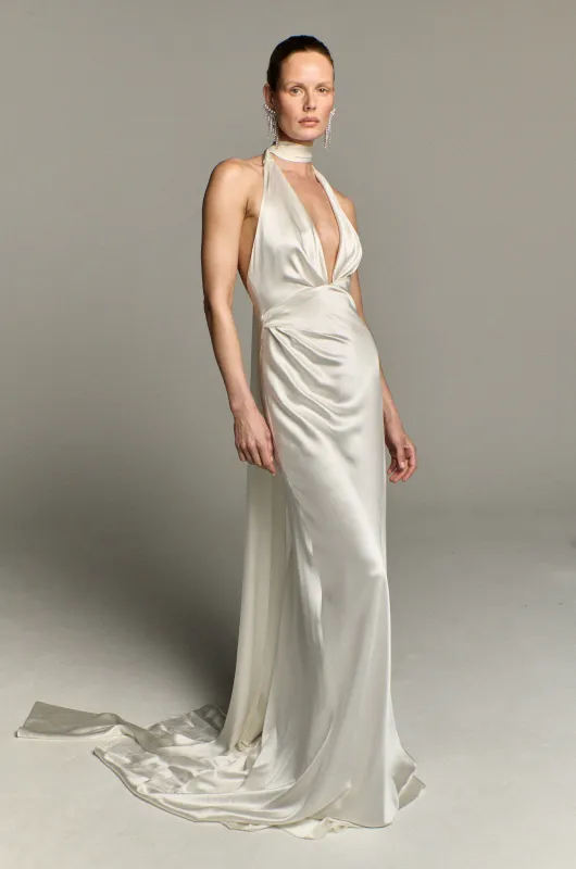 STYLE 150 // SILK SATIN HALTERNECK GOWN WITH SASH NECK TIE sold by THE OWN STUDIO