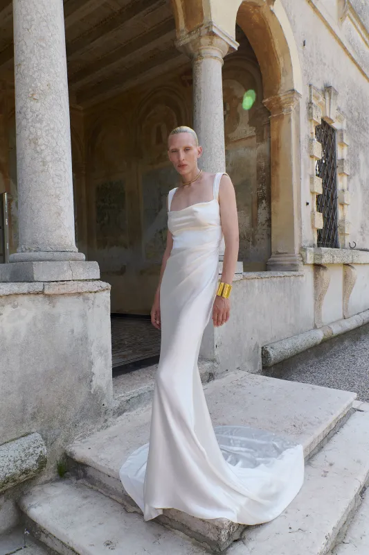 STYLE 167 // BACKLESS GOWN WITH PEARL STRAP sold by THE OWN STUDIO