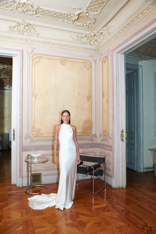 STYLE 029 // SILK SATIN BACKLESS HALTER GOWN WITH LONG SASH AND ORGANZA DETAIL sold by THE OWN STUDIO