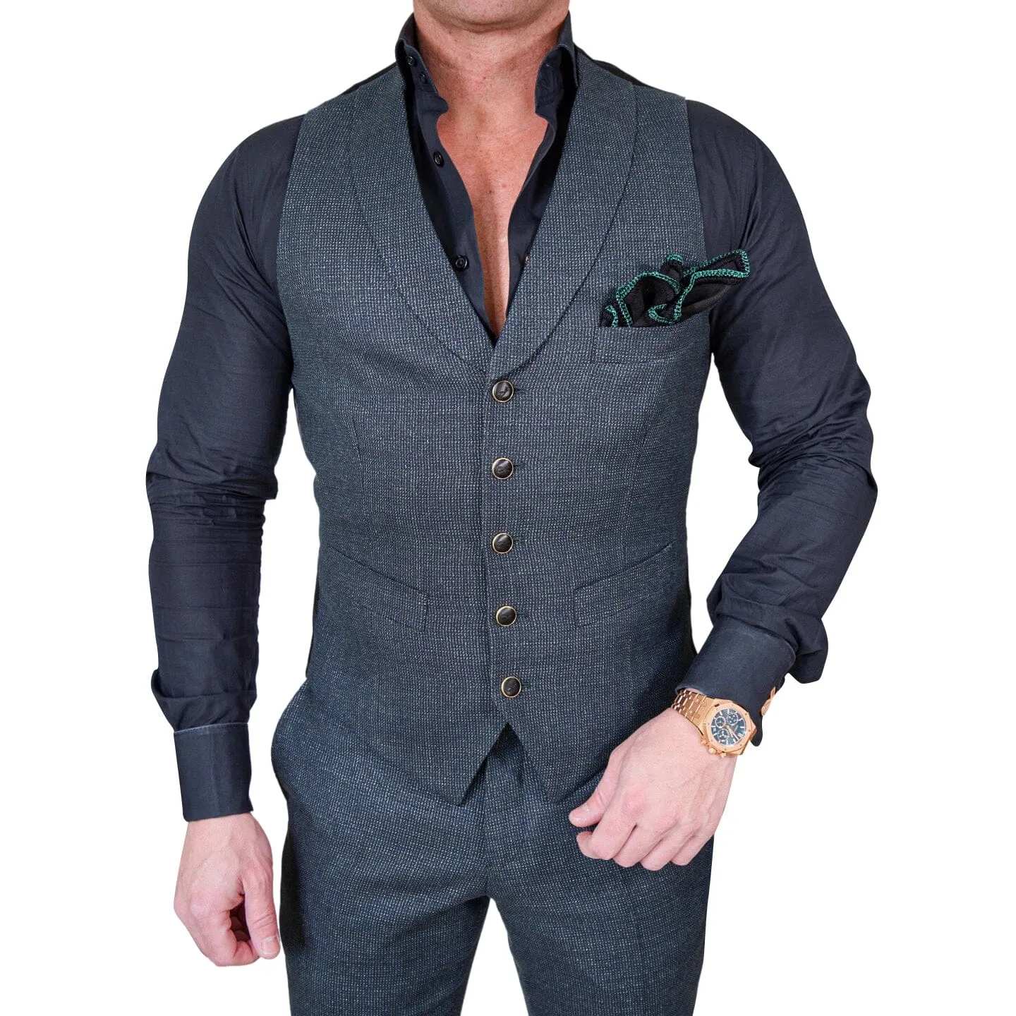 Midnight Jade Tweed Ciottoli Waistcoat @ The Vault sold by Sebastian Cruz Couture