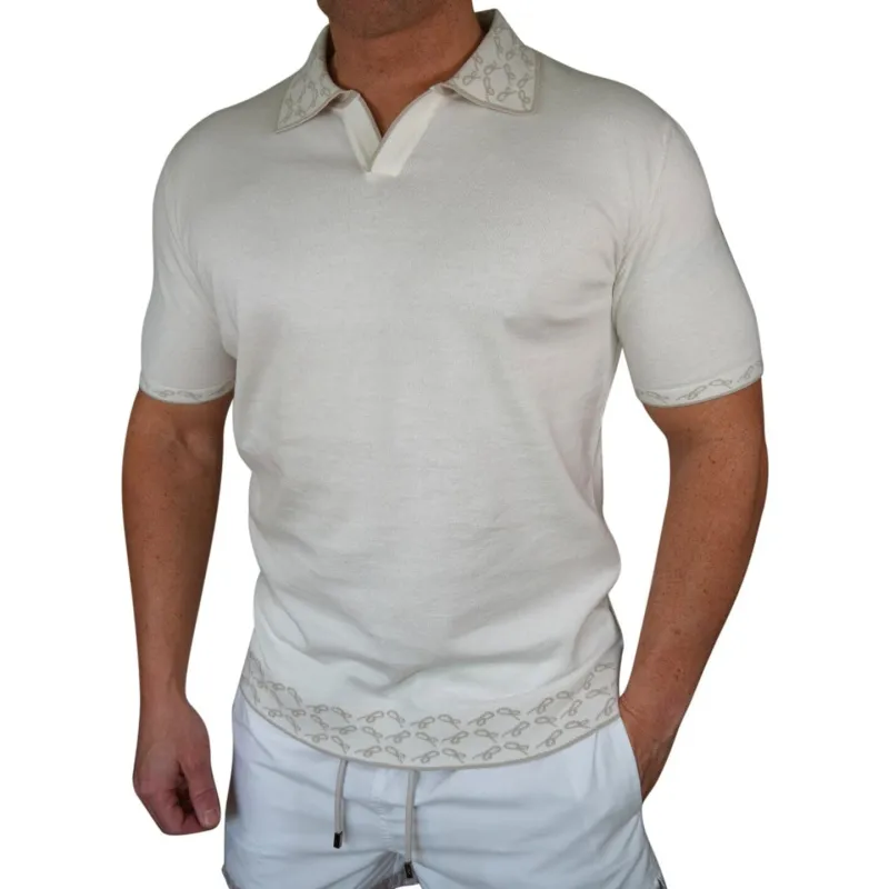 Avorio Signature Logo Knit Contrast V Neck Polo sold by Sebastian Cruz Couture